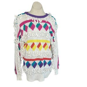 Bonnie Boerer Vintage 80s Colorful Sweater with Attached Tassels Size Large